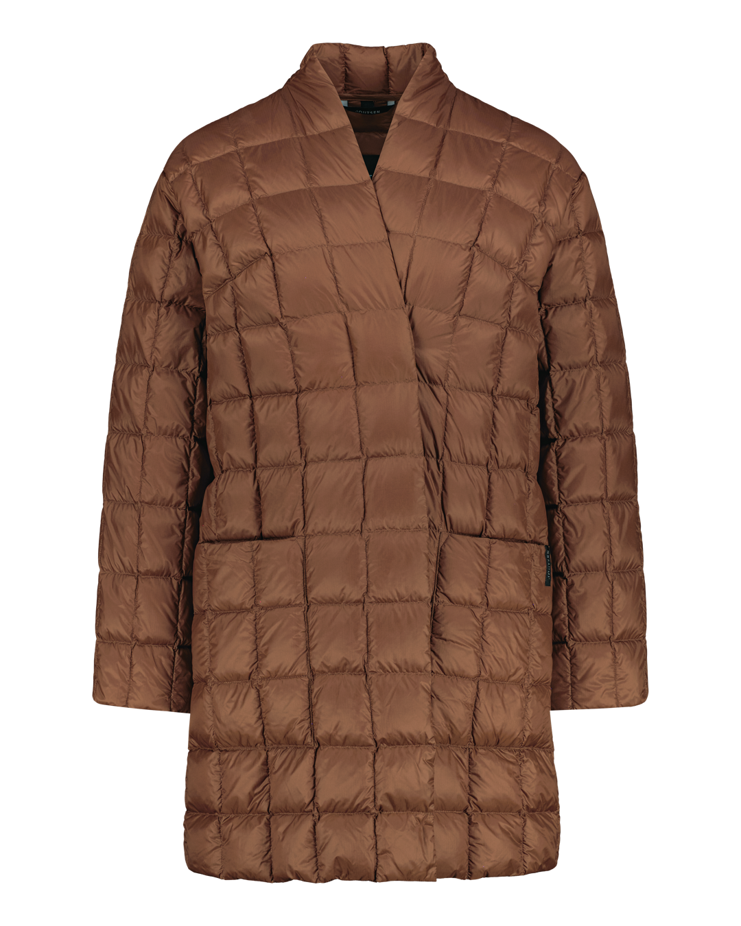 Brown quilted down jacket on a white background