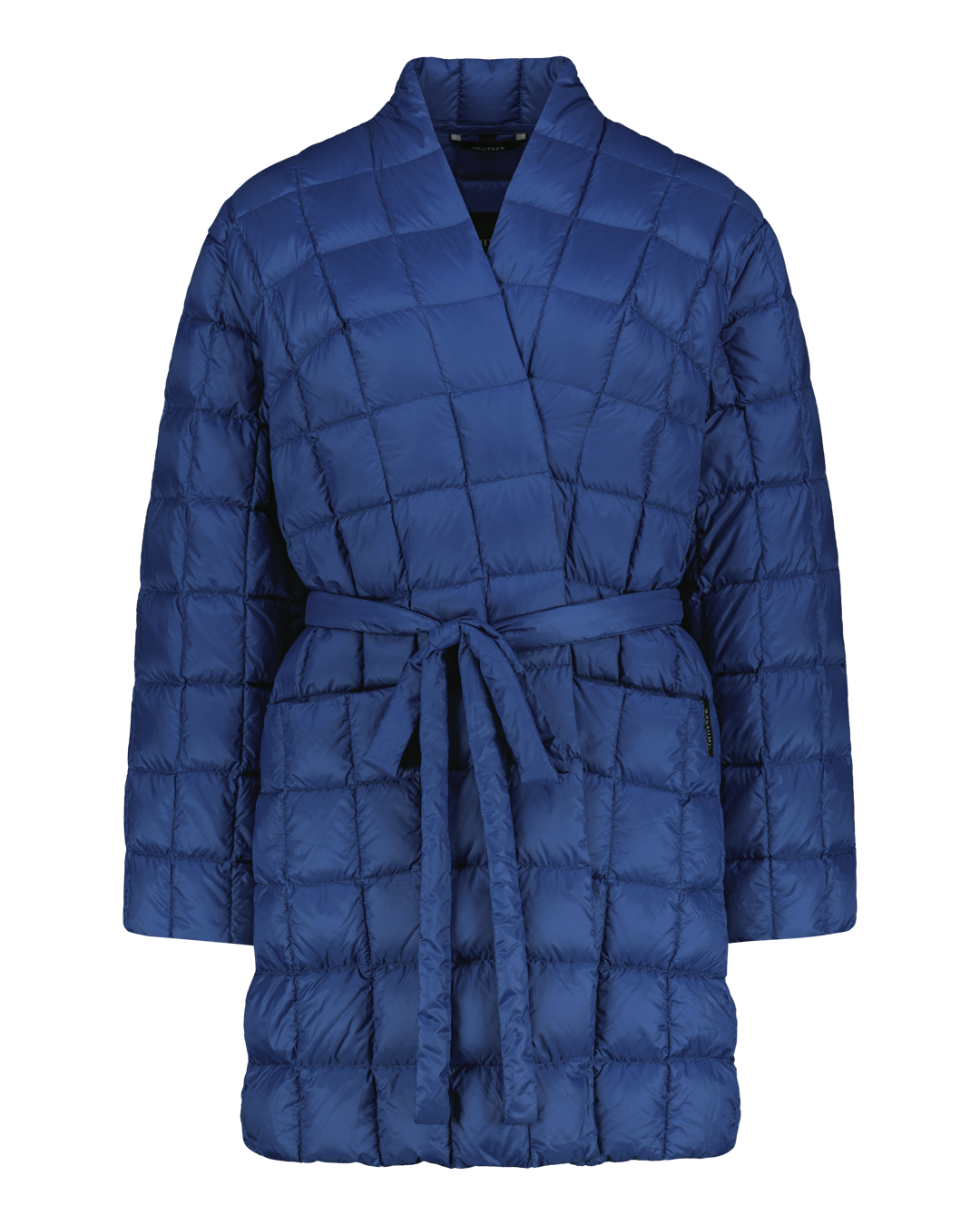 Blue quilted down jacket with a belt on a white background