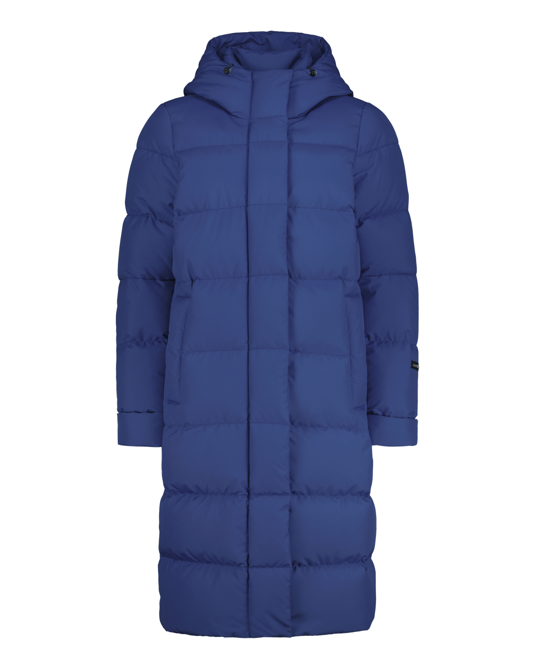 Blue down coat with a hood