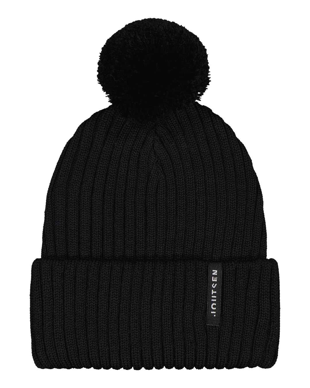 Black knit beanie with pom-pom.