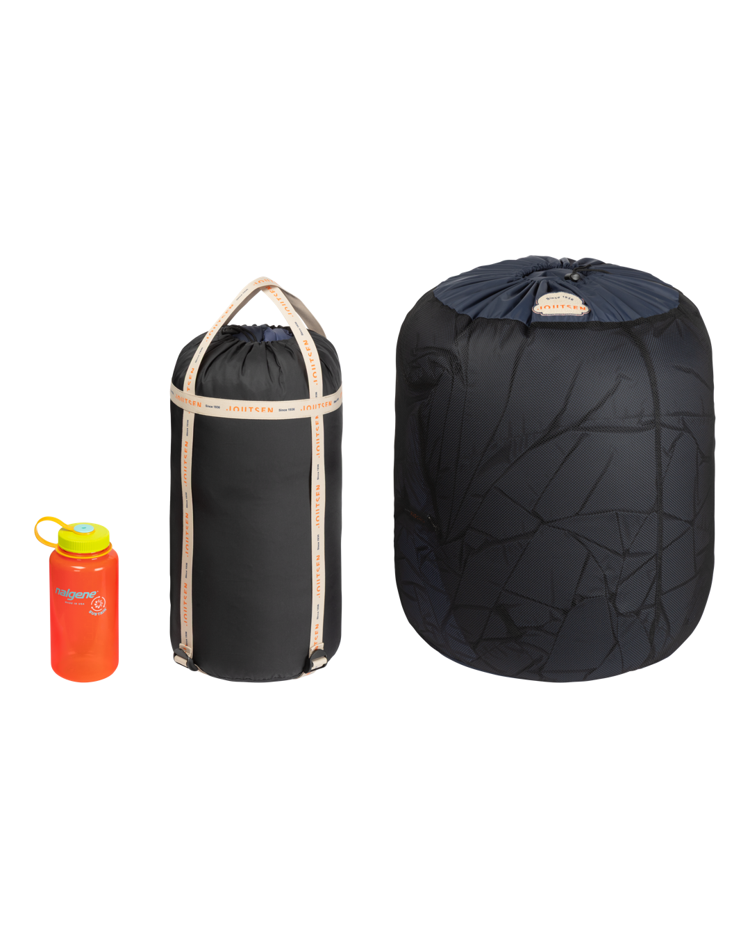 Black compression sack with drawstring and orange water bottle.