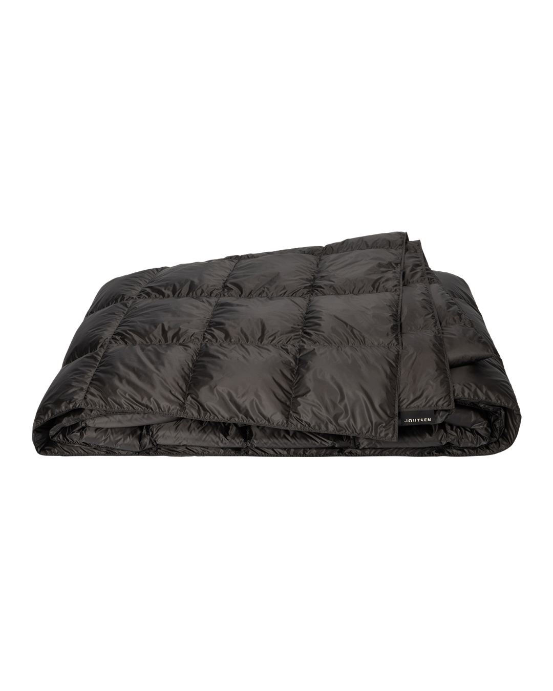 The dark grey Henkäys bedspread (color: Anhracite) is neatly folded, and its surface is decorated with stitched square quilting patterns.