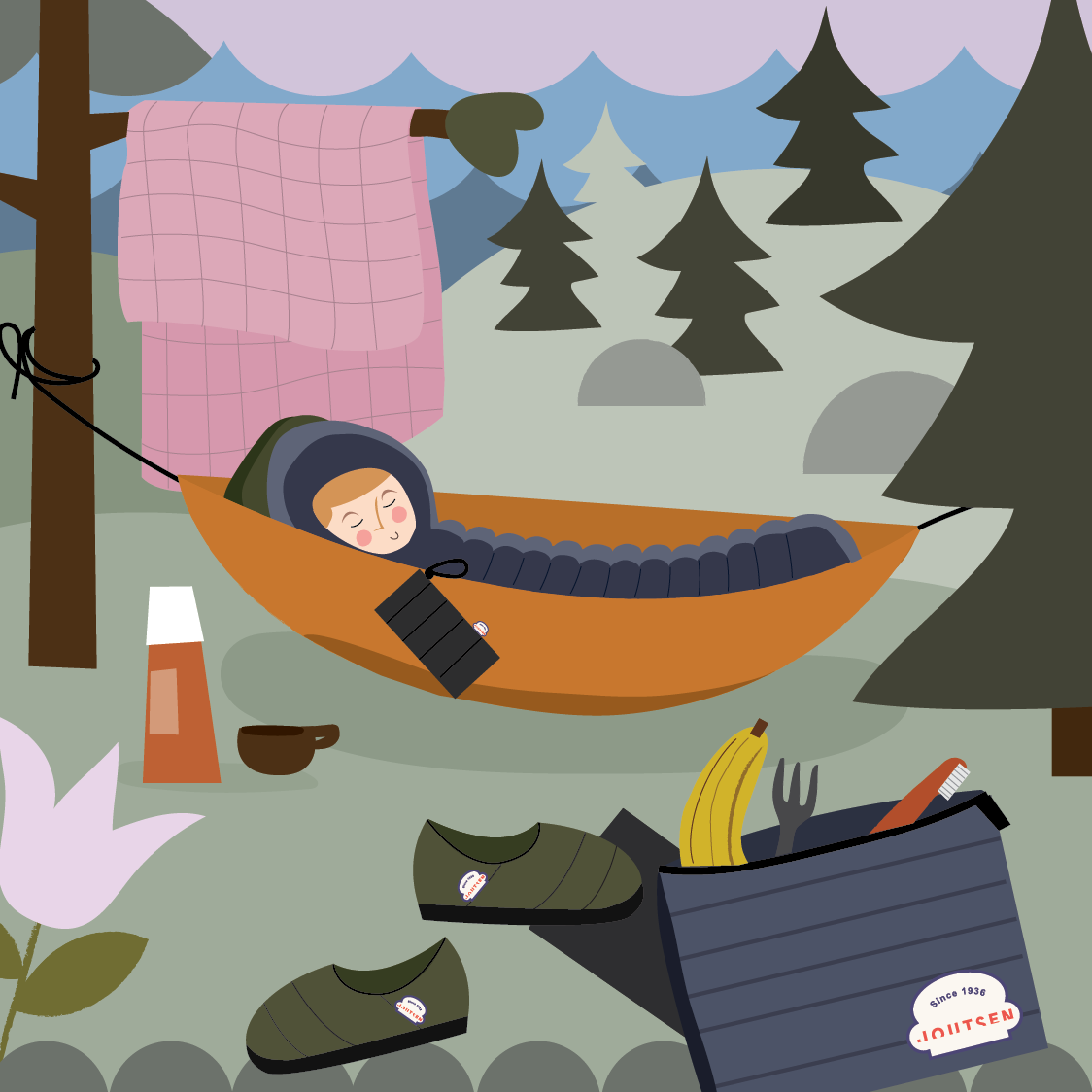 Illustration of a person sleeping in a hammock in a forest with camping gear around.