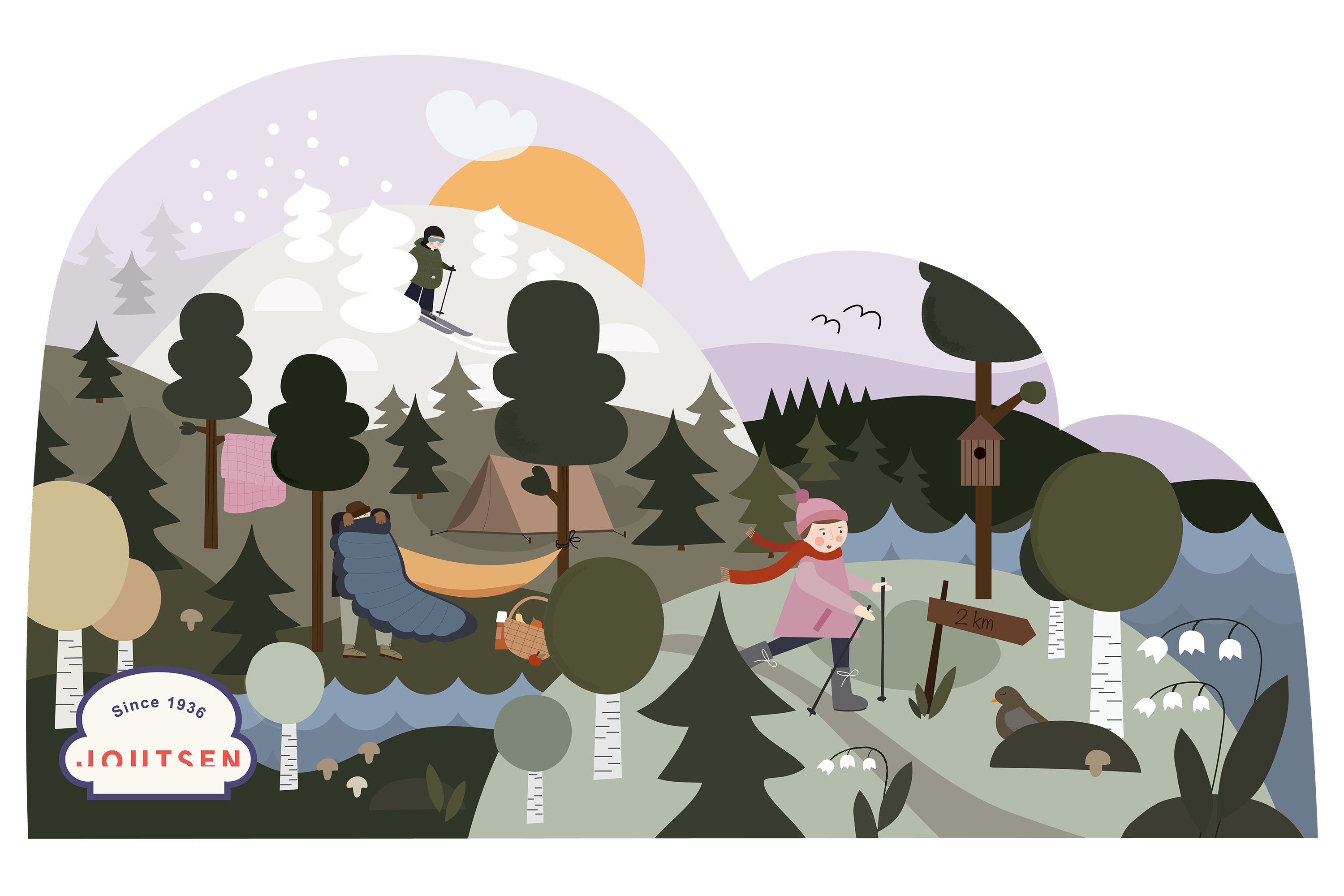 Illustration of a winter scene with people skiing, hiking, and camping in a forest.